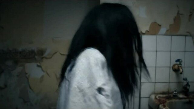cinematic video of a scary female ghost in an old abandoned building