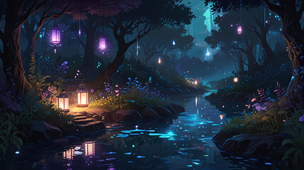 Naklejka premium Enchanted Forest Night A Magical Stream Lit by Glowing Lanterns and Flowers