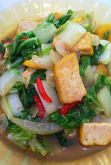 Healthy Vegan Stir-Fried Tofu with Chinese Mustard Greens and Red Chilies