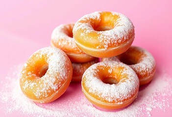 Golden-brown fried donuts dusted with thick powdered sugar, set against a vibrant pink background,  cooking,  pastry