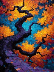 the image portrays an abstracted, colorful tree, showcasing thick, textured brushstrokes throughout