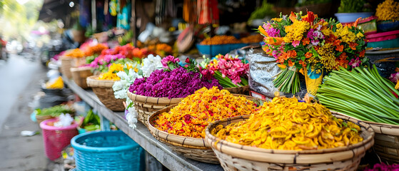 Colorful Flowers Displayed In Baskets At An Outdoor Market