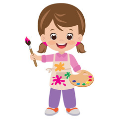 Cute little girl artist vector cartoon flat style illustration