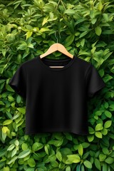 A black cropped t-shirt mockup hanging on a wooden hanger against a lush green foliage background.