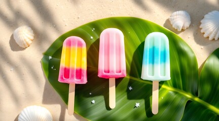 Colorful Summer Popsicles on Tropical Leaf with Seashells