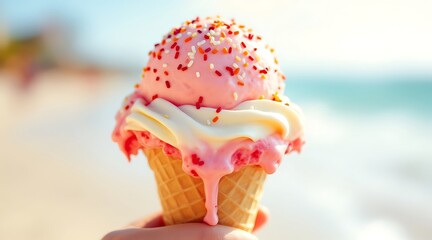 Strawberry and Vanilla Ice Cream Cone with Sprinkles by the Beach