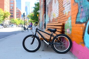 Obraz premium Black bicycle parked against graffiti wall