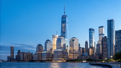 Obraz premium Captivating twilight skyline of new york city showcasing iconic skyscrapers and waterside views