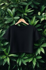 A black cropped t-shirt mockup hanging on a wooden hanger against a backdrop of lush green leaves. The shirt is simple and modern, perfect for showcasing fashion designs or apparel.
