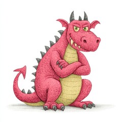 Pink cartoon dragon with crossed arms, textured appearance, sitting on a white background. Illustration style