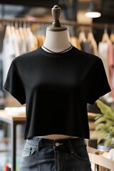 A stylish black cropped t-shirt mockup on a mannequin in a modern retail store. The background features clothing racks and a warm, inviting atmosphere.