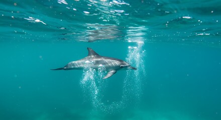 Fototapeta premium Dolphin Swimming Underwater with Bubbles