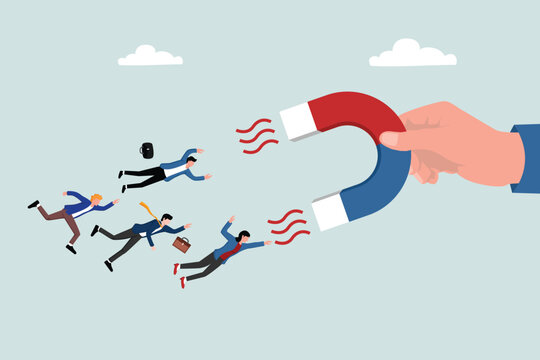 HR, Human resource recruiting candidates or talents, marketing to attract or draw new customers or leadership and charm concept, big employer hand using magnet power to draw new people employees.