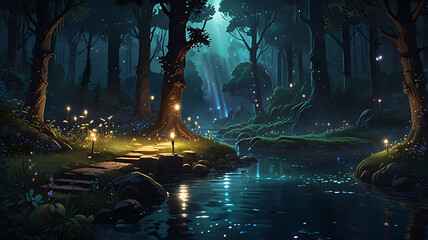 Enchanted Forest A Nighttime River Scene with Glowing Lights and Magical Atmosphere
