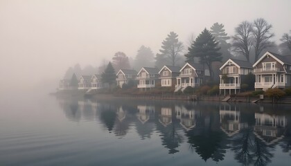Fototapeta premium Row of Lakeside Houses Reflected in Misty Water on a Foggy Morning