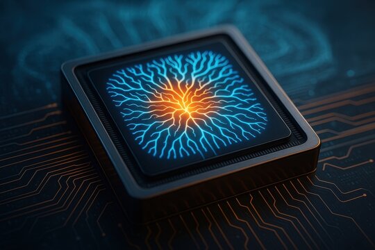 Neuromorphic computing chip with intricate neural network design illuminating futuristic circuit background