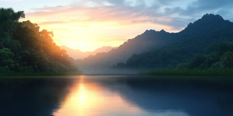 Picturesque mountain landscape at sunrise or sunset reflecting in still waters with forest and fog