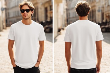 A young man wearing a plain white t-shirt mockup and sunglasses, standing in a sunlit urban street. The scene captures a casual and stylish vibe, showcasing the back and front views of the t-shirt.