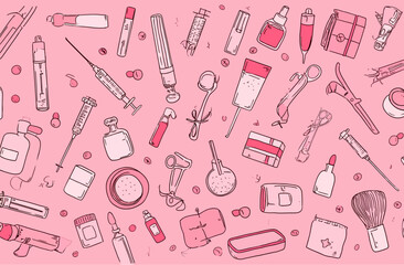 Obraz premium Seamless Vector Banner with Pink Medical and Beauty Tools Illustration