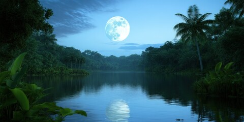 Tranquil moonlit lake in tropical rainforest at night