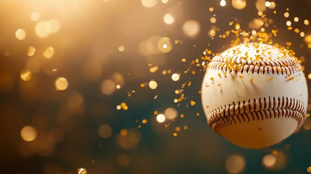 Exciting outdoor baseball game with dynamic action, sparkling ball midair, showcasing athletic equipment and intense competition festive, energetic atmosphere filled with golden sparks and bokeh