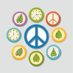 Framed Icon Set – Clock, Leaf, Notebook, Peace Symbol Representing Work-Life Values