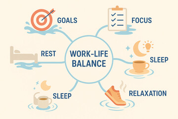 Mind Map Illustration of Work-Life Balance with Goals, Rest, and Relaxation