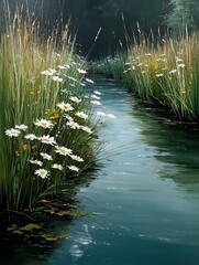 the image captures a tranquil scene of a narrow waterway flowing through a verdant landscape
