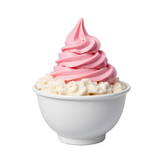 Creamy pink soft serve atop vanilla ice cream in a white bowl, elegant dessert presentation, close-up view.