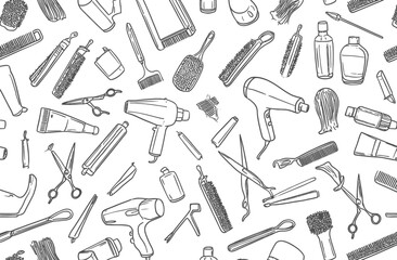 Obraz premium Seamless Vector Pattern of Hairdressing Tools and Products