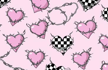 Seamless Vector Pattern Pink Hearts, Barbed Wire, Checkered Hearts