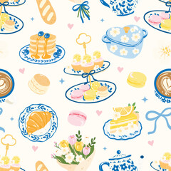 Elegant Afternoon Tea Seamless Pattern, Kawaii Bakery Digital Paper with Cupcakes, Macarons, Pancakes, Lemon Cake and Tea Set
