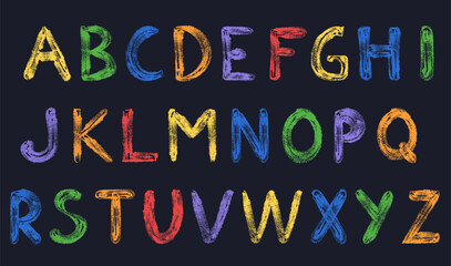 Funky Alphabet chalk shapes. Doodle crayon, contemporary figures, primitive letter. Kids drawing abc.Vector illustrations