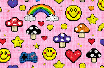 Fototapeta premium Seamless Pixel Art Pattern Rainbow, Mushrooms, Smileys, and Hearts