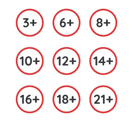Age restriction signs, age limits icon set