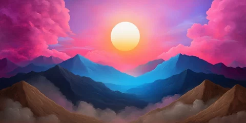 Selbstklebende Fototapeten Vibrant sunset over mountain range artistic landscape illustration © Ghiska