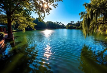 Sunshine illuminates Lake Eola Park's shimmering waters, lush greenery surrounds, Orlando, clouds