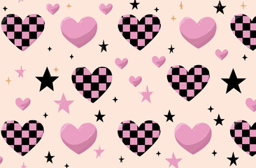 Seamless Vector Pattern Pink Hearts and Stars Background