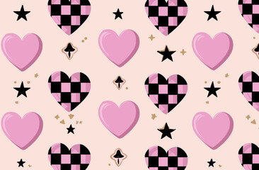 Seamless Pink and Black Checkered Heart Pattern