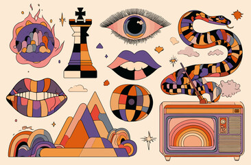 Retro Geometric Abstract Art Set Illustrations of Lips, Eye, Snake, Mountains & More