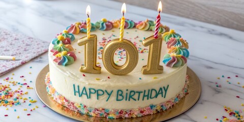 Rainbow 101st Birthday Cake with Gold Candles, Celebration Cake, Birthday Party