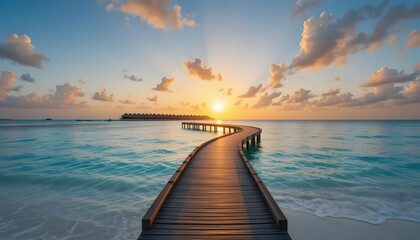 Fototapeta premium Serene sunset over tropical boardwalk and ocean in Maldives