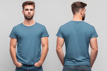 A young man wearing a blue t-shirt mockup, posing front and back against a neutral background. The shirt has a modern fit and casual style, showcasing a simple design.
