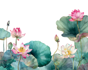 Watercolor Pink And White Lotus Flowers With Green Leaves On Transparent Background, PNG
