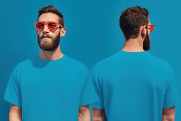 A stylish man with a beard wearing orange sunglasses and a plain blue t-shirt mockup, posed against a vibrant blue background. The image showcases both front and back views of the outfit.