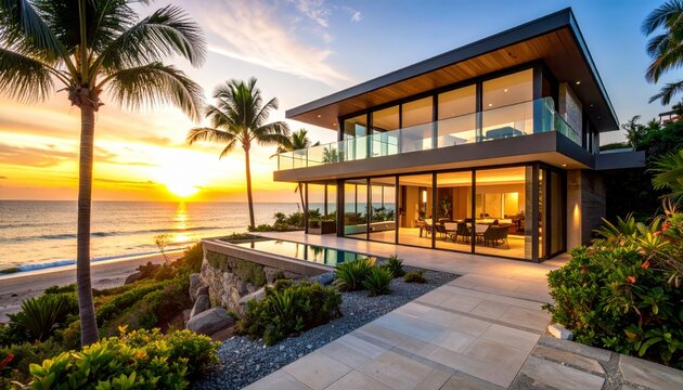 Luxurious beachfront home boasts modern architecture, expansive glass balcony with ocean views, and lush tropical landscaping du a vibrant sunset scene.
