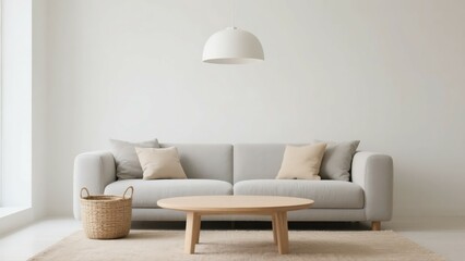 Minimalist Living Room with Light Grey Sofa and Wooden Coffee Table