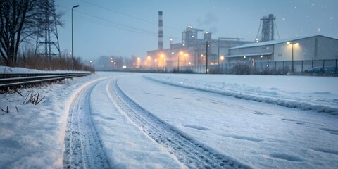 Obraz premium Snowy railway tracks and industrial buildings create a cold atmospheric view