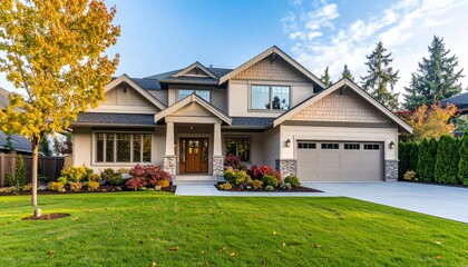 Beautiful family home exterior features a symmetrical garage, sidewalk leading to a welcoming porch, and a well-maintained lawn on a bright day.