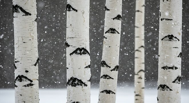 A serene and atmospheric close-up captures the stark beauty of white birch or aspen tree trunks standing proudly in a winter forest.